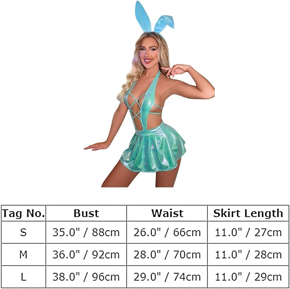 Women Shiny Rave Outfit Festival Halloween Costume Chain Halter Crop Top Mini Skirt Panty Headband Bunny Devil Cosplay