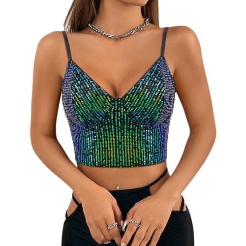 Giovacker Women's V-Neck Sparkle Sequined Crop Top Tank Vest