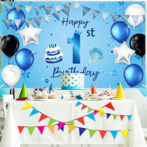 Blue Happy 1st Birthday Backdrop Banner