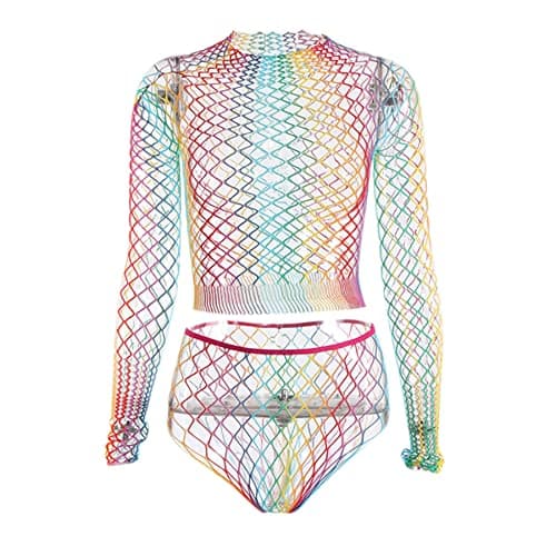 MINGSEECESS Women's Rainbow Striped See-Through Bodysuit Bikini Cover-Up