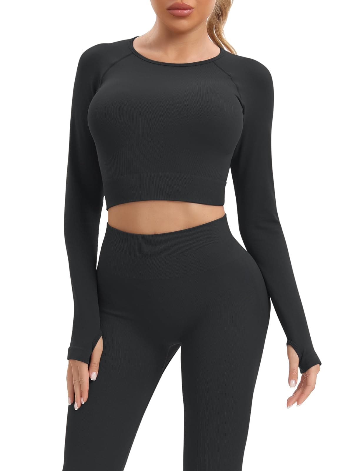 JOLLMONO Women's Long Sleeve Yoga Outfits for Gym