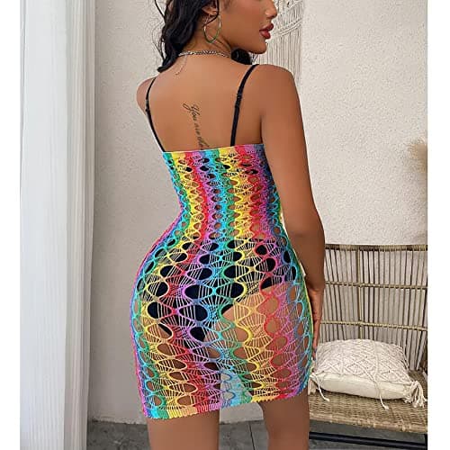 Rainbow Rave Outfit Fishnet Dress Bodysuit for Women