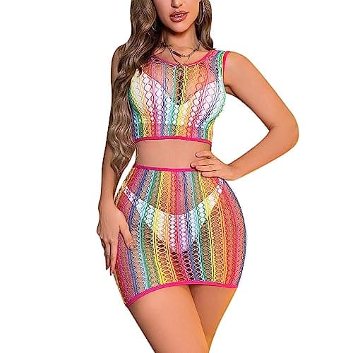 MINGSEECESS Women's Rainbow Striped See-Through Bodysuit Bikini Cover-Up