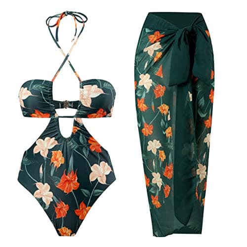Women's Retro Floral Print Bikini Set with Beach Cover up