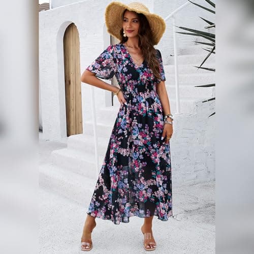 Women's V-Neck Maxi Dress with Floral Print