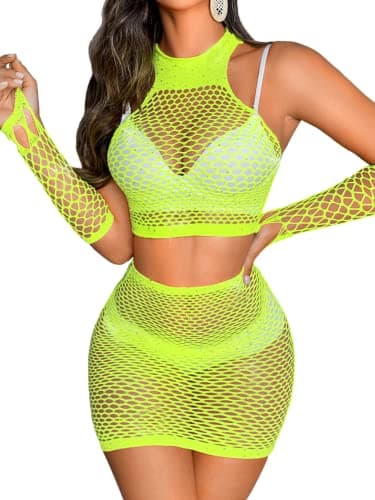 Kaei&Shi Women's Glitter Fishnet Skirt & Mesh Swimcover for Festivals