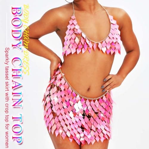 Nicute Pink Sequin Set with Body Chain Skirt & Top