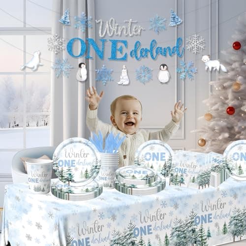 HAKOTI Winter Wonderland 1st Birthday Boy Tableware - 142 Pcs Blue Snowflake Plates & Napkins