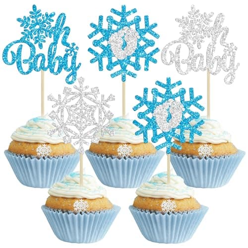 Gyufise 24 Pack Blue Silver Glitter Snowflake Cupcake Toppers for Winter Birthday