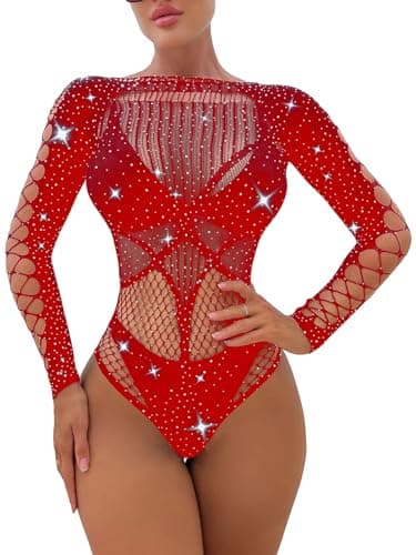 Milumia Women's Fishnet Rhinestone Cut Out Mesh Bodysuit