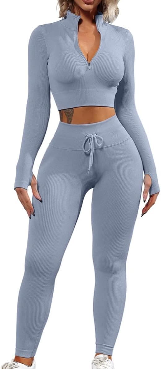 Workout Sets for Women 2 Piece Seamless Long Sleeve Crop Tops Ribbed High Waist Leggings