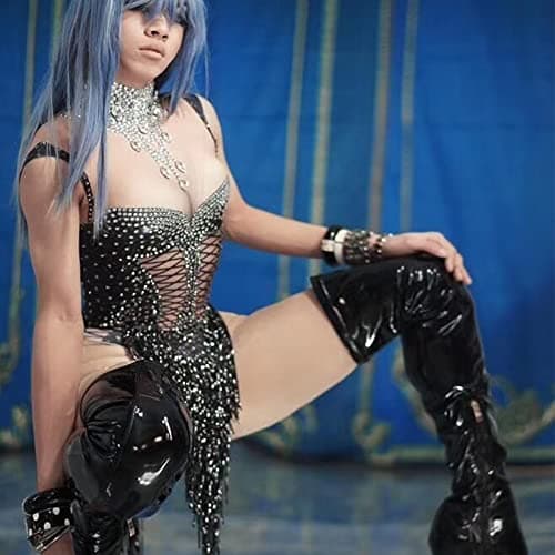 YUANTONG Sparkly Rhinestone High Neck Sleeveless Fringe Drag Queen Dance Costume
