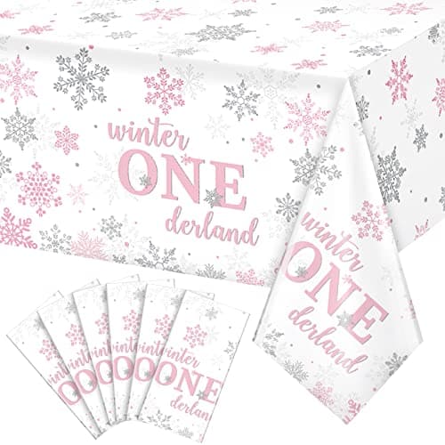 Jectivs 6Pcs Christmas Snowflake Tablecloth Pink & Silver Onederland 1st Birthday Decor 54x108inch