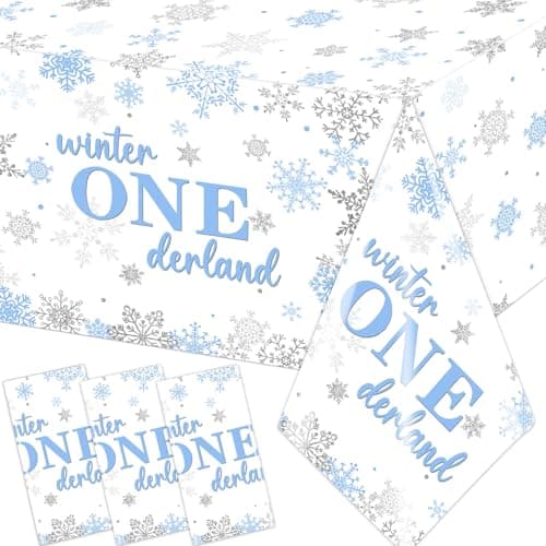 Winter Onederland Blue Silver Snowflake Tablecloth for 1st Birthday Boy's Party Decorations
