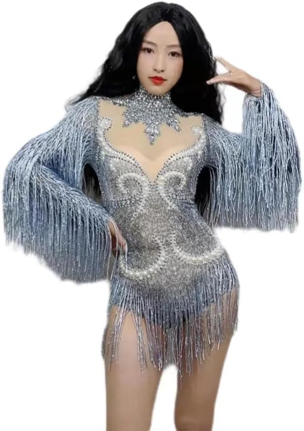 Earthradius Gray Tassel Crystal Women's Dancer Bodysuit Party Costume