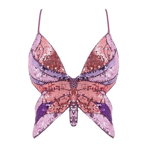 Glitter Sequin Butterfly Crop Top for Women