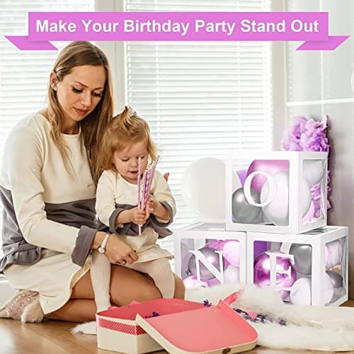 Keencopper 1st Birthday Decorations - 3 Pcs Balloon Boxes, Clear Blocks, Letter Props