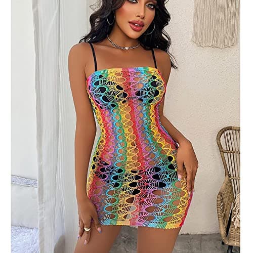 Rainbow Rave Outfit Fishnet Dress Bodysuit for Women
