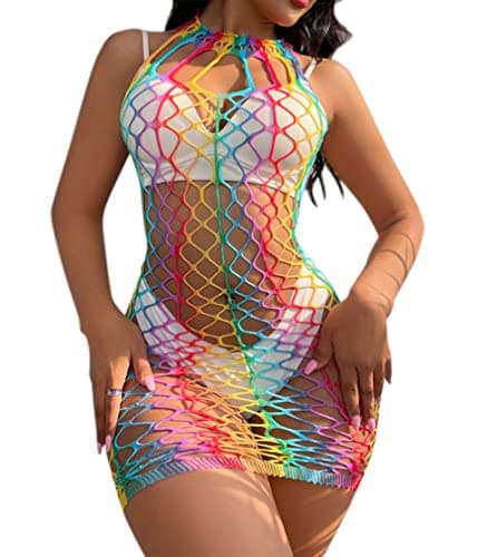 MINGSEECESS Women's Rainbow Striped See-Through Bodysuit Bikini Cover-Up