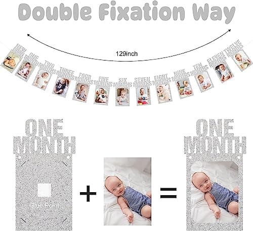 Paready First Birthday Photo Banner, Happy Birthday Decor for Boy or Girl (Silver)