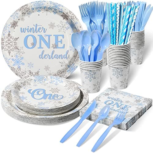 Jectivs Winter Onederland Pink & Silver Snowflake Plates & Napkins Set for 1st BirthdayParty Decor Serve 25