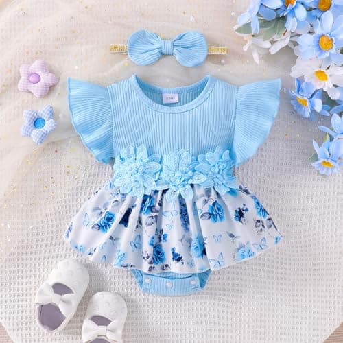 Cute Summer Outfit Set for Baby Girls 0-18 Months Romper Skirt Sleeve Ruffle Bow Headband