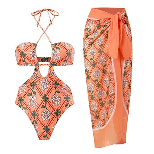Women's Retro Floral Print Bikini Set with Beach Cover up