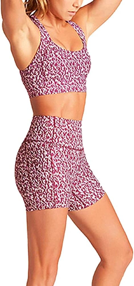 Women Seamless Yoga Outfits 2 Piece Workout Set Racerback Crop Top Leopard Sprots Bra High Waisted Shorts Pants Stretch Tummy Control Yoga Shorts Fitness Athletic Running Gym Clothes Activewear Leopard Purple L