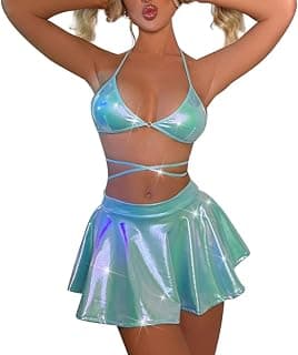 IMEKIS Rave Outfits for Women Festival Clothing Shiny Metallic Bra Swing Mini Skater Skirt Dance Sexy Lingerie Set Bikini Swimsuits Alien Costume Halloween Cowgirl Cosplay Bathing Suits Blue Medium