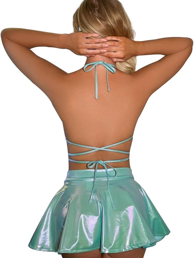 IMEKIS Rave Outfits for Women Festival Clothing Shiny Metallic Bra Swing Mini Skater Skirt Dance Sexy Lingerie Set Bikini Swimsuits Alien Costume Halloween Cowgirl Cosplay Bathing Suits Blue Medium