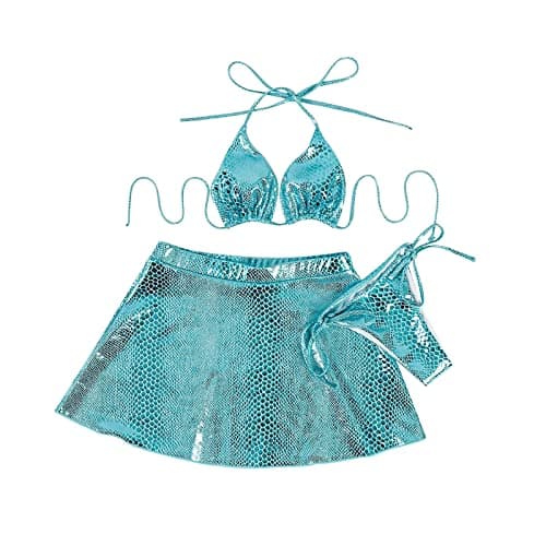 Metallic Rave Outfit: Women's Shiny Bikini Snakeskin Bra Skirt Swimsuit Costume