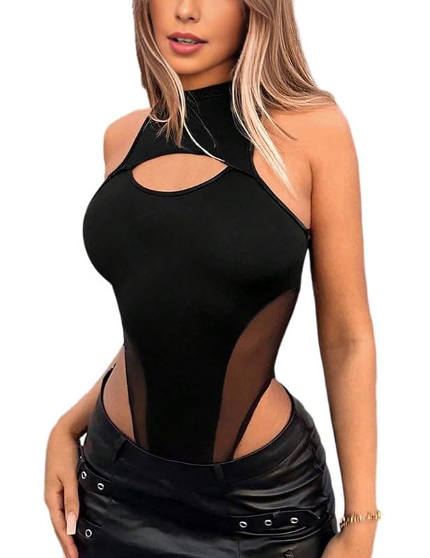 UEOIOW Women's Sheer Mesh Rhinestone Bodysuit Tops