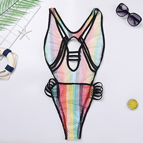 IMEKIS Women Rainbow Fishnet Dress Bodysuit - Perfect for Music Festivals, Halloween, Cosplay, Disco Dance
