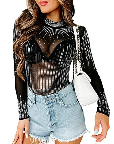 Hotmiss Rhinestone Stud Fishnet Long Sleeve Thong Bodysuit for Women