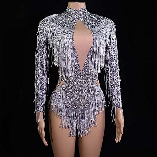 FANCISSORS Sparkly Rhinestone Fringe Leotard Dance Costume