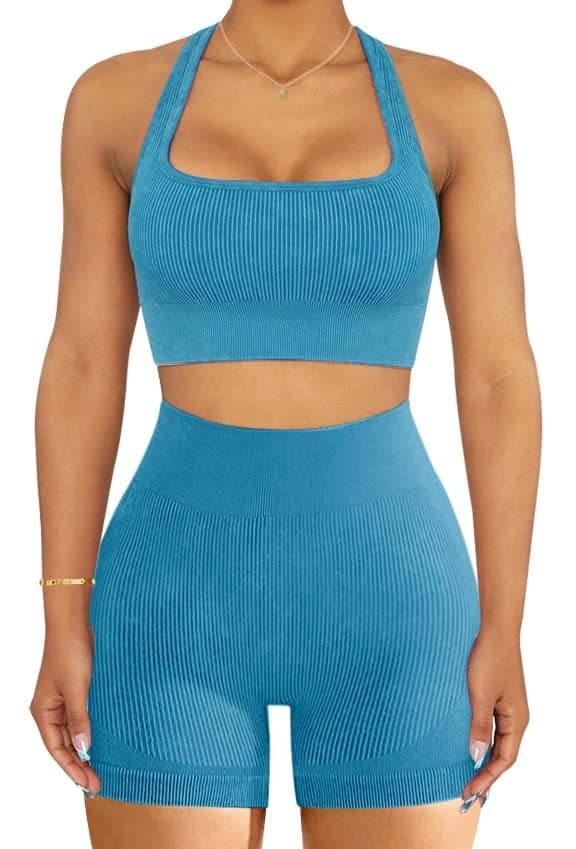 OLCHEE Women's Seamless Ribbed Workout Set - Acid Wash Yoga Leggings and Keyhole Crop Top Bra