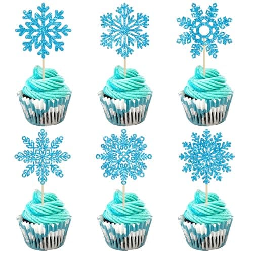 Gyufise 24 Pack Blue Silver Glitter Snowflake Cupcake Toppers for Winter Birthday