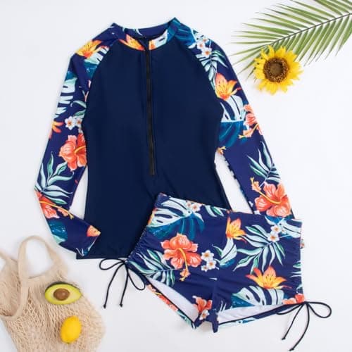 IMEKIS Women's Long Sleeve Rash Guard Set with Floral Print Shorts