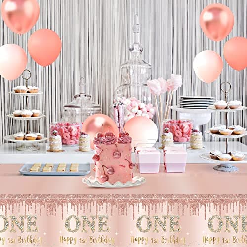 Excelloon 3 Pack Pink Rose Gold 1st Birthday Tablecloth Decorations