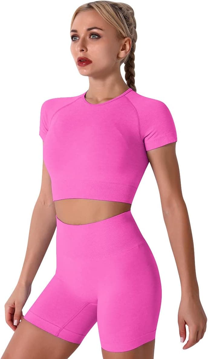 Women Seamless Yoga Outfits 2 Piece Workout Set Short Sleeve Crop Top High Waisted Sport Shorts set Stretch Tummy Control Yoga Shorts Fitness Gym Athletic Running Activewear Tracksuit Hot Pink S