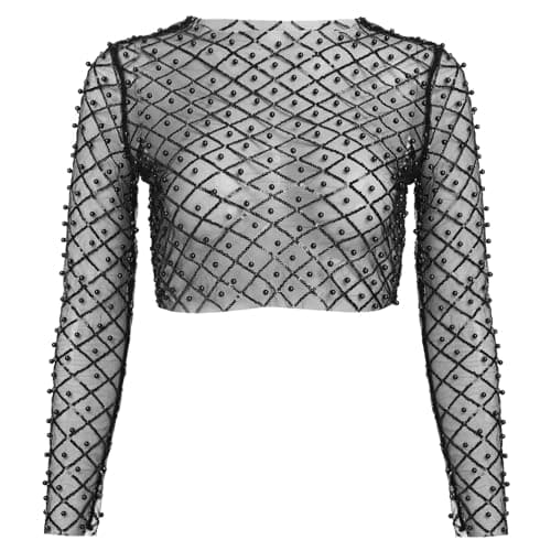 IMEKIS Sparkle Sequins Beads Sheer Mesh Crop Top for Women