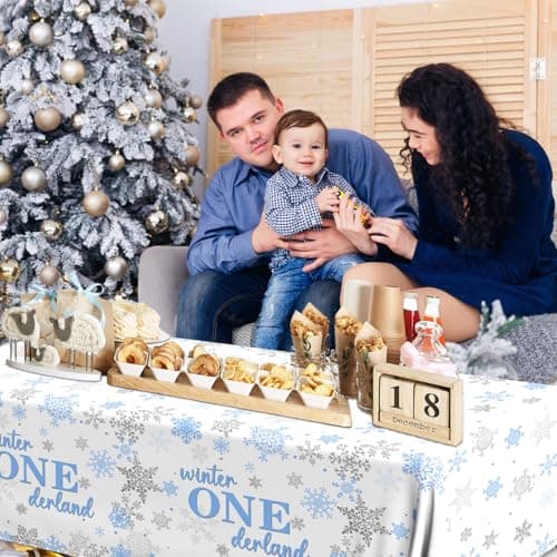 Winter Onederland Blue Silver Snowflake Tablecloth for 1st Birthday Boy's Party Decorations