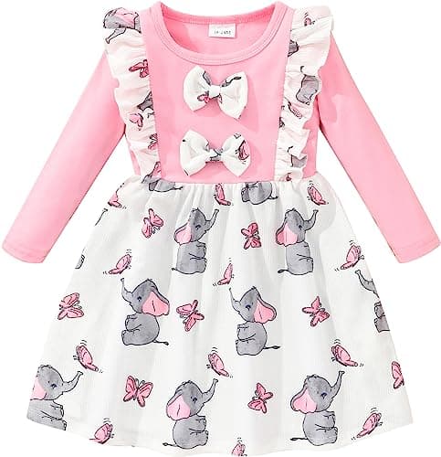 Retsugo Girls' Long Sleeve A-line Print Dress with Bowknot