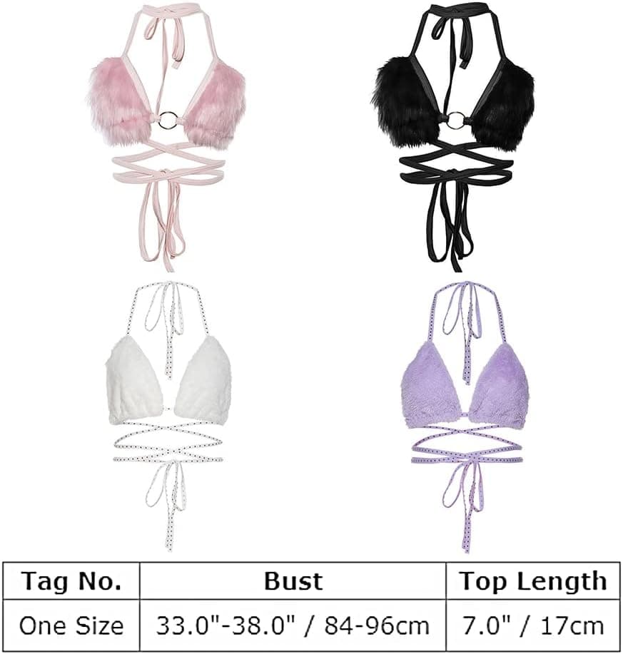 Black Rave Top for Women: Black Fluffy Tops Bikini Bra Fur Crop Top Halter Bandage Camisole Rave Outfit for Women Festivals Sexy Halloween Cowgirl Costume Cosplay Lingerie Dance Clubwear Black