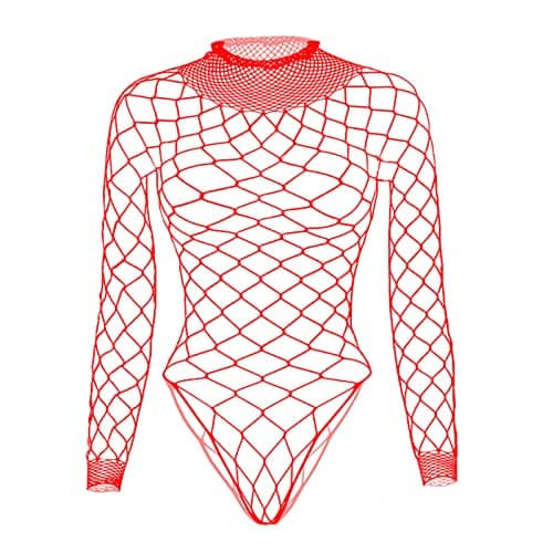 Tosmifairy Women's Stretch Fishnet Mesh Long Sleeve Rave Romper Body Suit