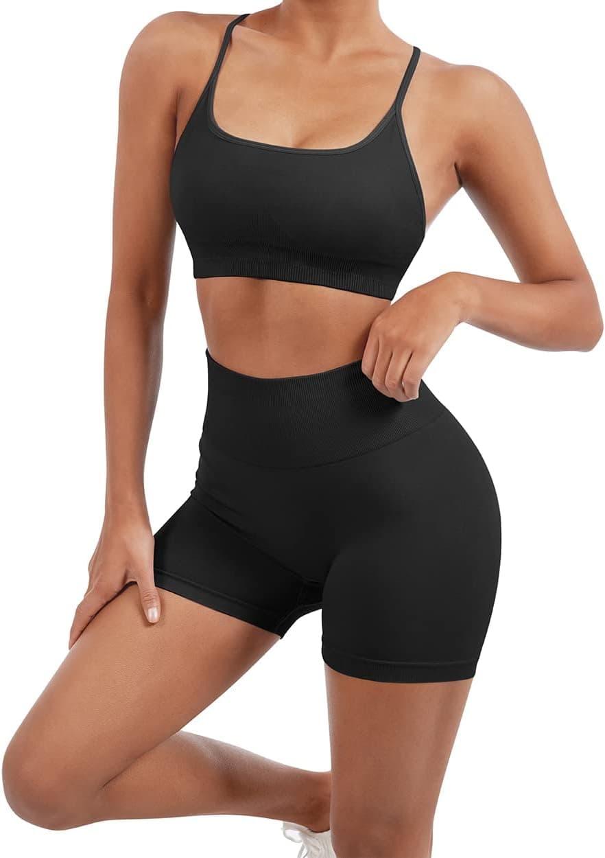 Women Seamless Workout Sets Strappy Sports Bra High Waist Booty Shorts Outfits