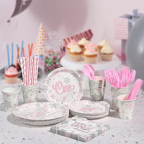 Jectivs Winter Onederland Pink & Silver Snowflake Plates & Napkins Set for 1st BirthdayParty Decor Serve 25