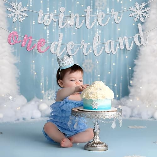 Ferburitar Snowflake Winter 1st Birthday Banner, Silver & Pink Glitter
