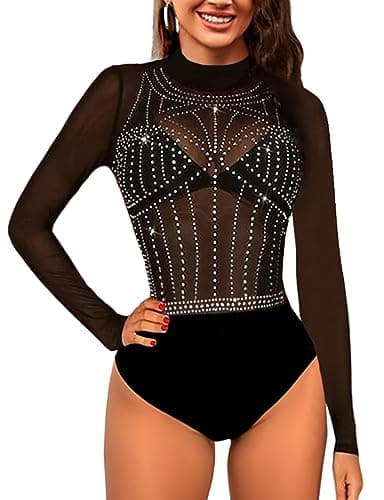Sexy Rhinestone Studded Sheer Mesh Bodysuit for Women