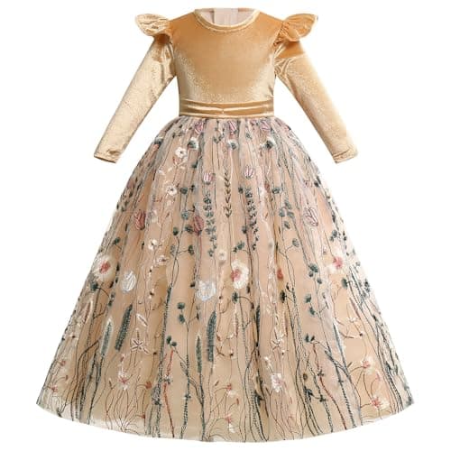 IMEKIS Embroidered Floral Velvet Dress for Toddler Girl Fall Winter 3-12T